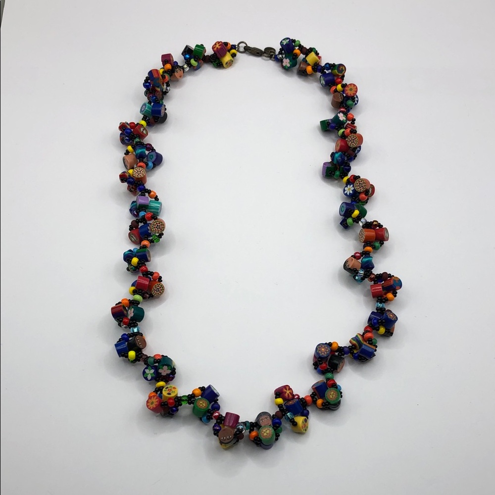 Resin millefiore style colorful faces sterling silver beaded necklace whimsy.
